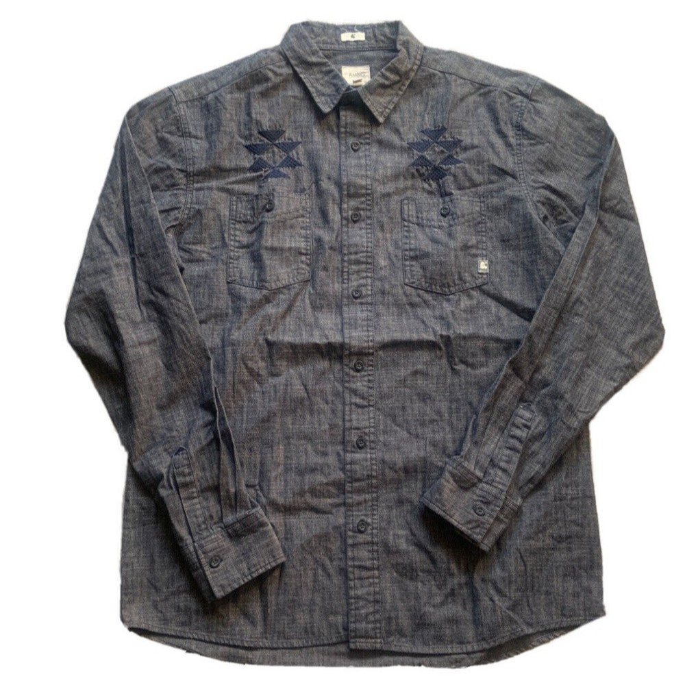 Ambig Mens‎ Blue Chambray Embroidered Long Sleeve Button Down Shirt Large L